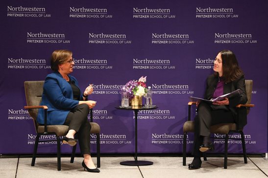 Associate Supreme Court Justice Elena Kagan spoke with  Hari M. Osofsky, dean at Northwestern Pritzker School of Law, at a moderated discussion at the school Wednesday. Northwestern Pritzker School of Law 