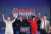 Illinois state Sen. Darren Bailey, center, celebrates with his wife, Cindy Stortzum, left, and Lt. Gov. candidate Stephanie Trussell and her husband, William, after winning the Republican primary Tuesday. Bailey will now face Democratic Gov. J.B. Pritzker in the fall.
