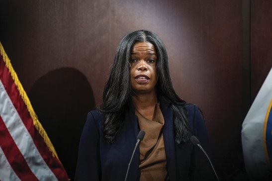 Cook County State's Attorney Kim Foxx speaks during a news conference at the Cook County State's Attorney's Office in the Loop, where she announced charges against  Chicago police officers Ruben Reynoso and Sgt. Christopher Liakopoulos, Friday. Story, Page 3. Pat Nabong/Chicago Sun-Times via AP