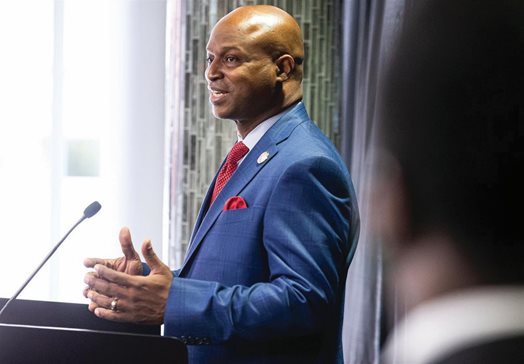 House Speaker Emanuel “Chris” Welch, D-Hillside, holds his first news conference after taking the Oath of Office to become speaker of the Illinois House of Representatives in the 102nd General Assembly on Jan. 13, 2021, at the Bank of Springfield Center.