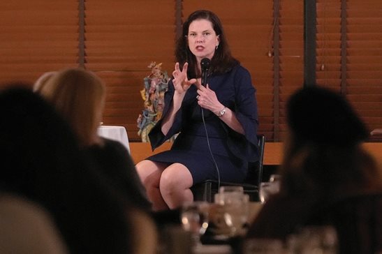 Eileen O'Neill Burke, a former appellate judge, speaks at the Cliff Dwellers Club March 7 in Chicago. “We are cautiously optimistic, but we have to make sure all the votes are counted,” she told supporters.